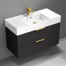 Luxury Floating Bathroom Vanity, 40 inch, Matte Black, Gold Handles